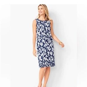 Talbots Shift Dress Sleeveless Navy White Fruit Motif Zip Back Textured Cotton